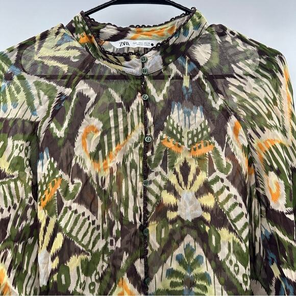 Zara Brown & Green Boho Aztec Print‎ Sheer Long Sleeve Button Down Shirt Size L - Picture 3 of 10